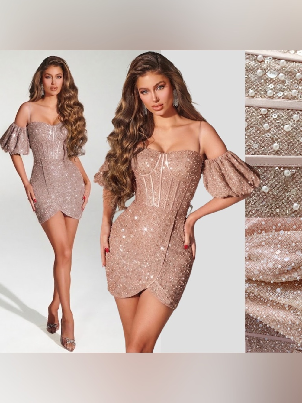 Portia And Scarlett Pink Beige Puff Sleeves Sequin Pearl Formal Dress Corset 8